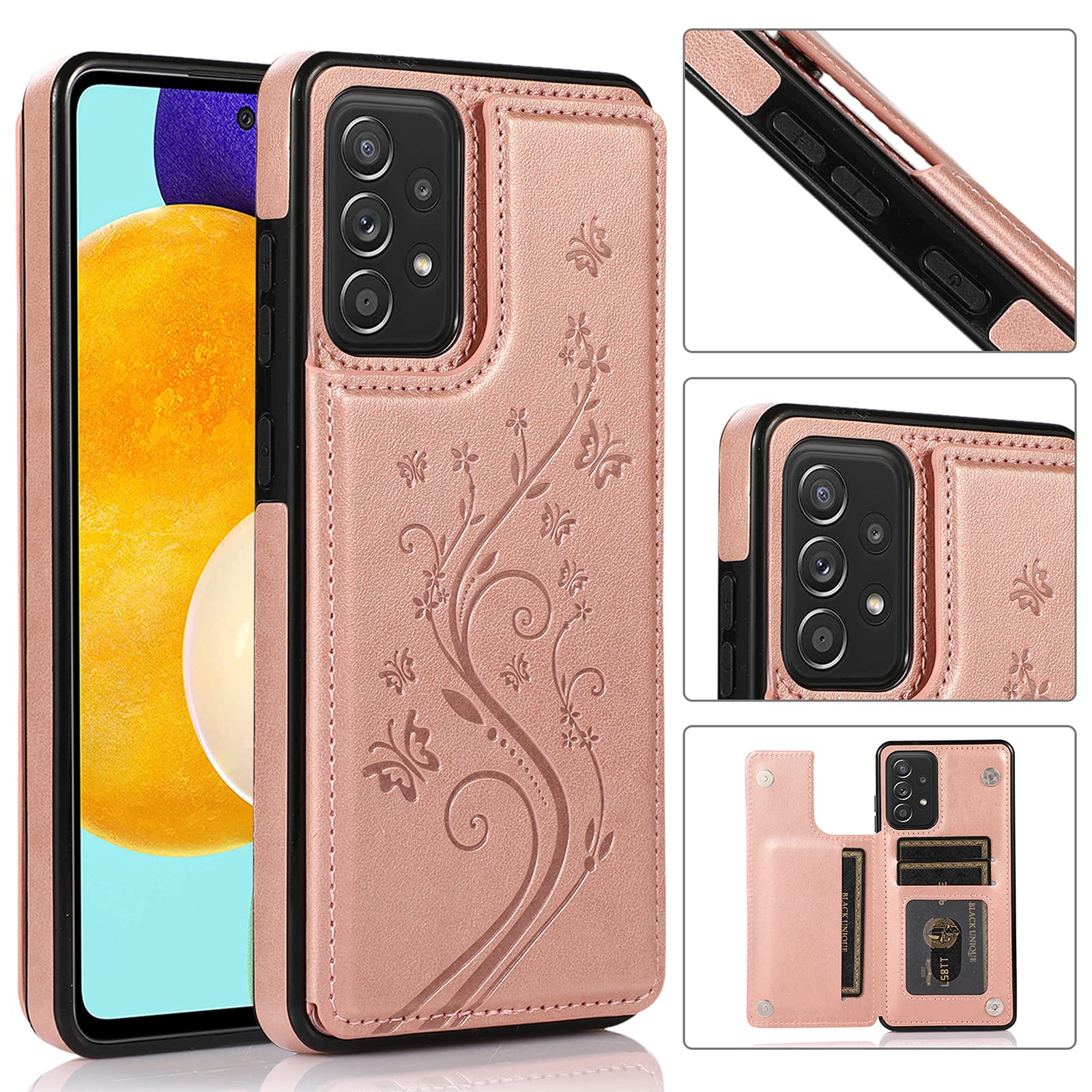 Phone Case for Samsung Galaxy A52 5G/4G with Tempered Glass Screen Protector and Card Holder Wallet Cover Stand Flip Leather Cell Accessories Glaxay A 52 G5 Gaxaly 52A S52 Cases Women Girl Rose Gold