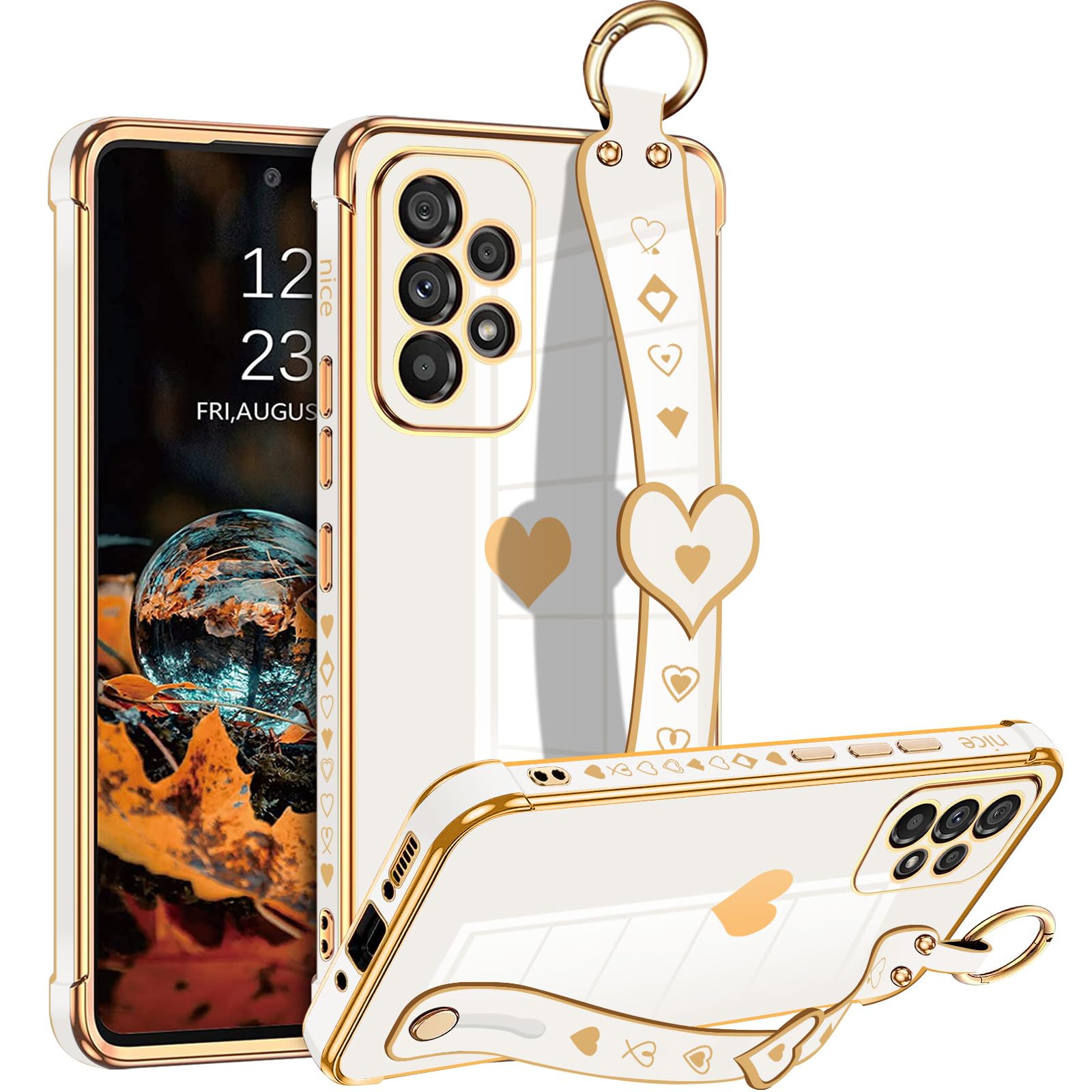 FIRSTPELLA Case for Samsung Galaxy A52 Women Girl,Luxury Bling Cute Plating Hearts Soft Cover with Strap Kickstand,Full Camera Lens Protection Electroplate Reinforced Corner Shockproof Case - White