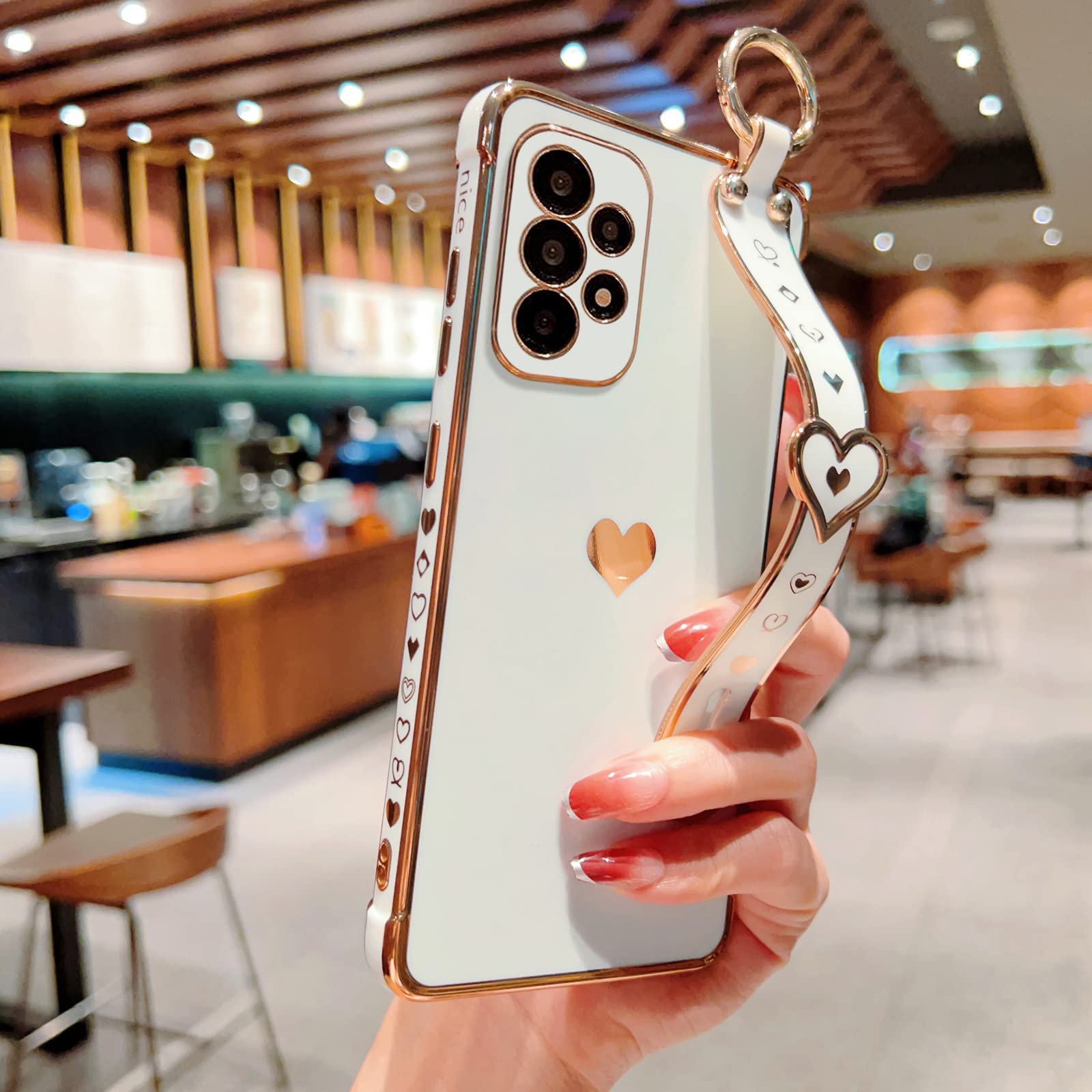 FIRSTPELLA Case for Samsung Galaxy A52 Women Girl,Luxury Bling Cute Plating Hearts Soft Cover with Strap Kickstand,Full Camera Lens Protection Electroplate Reinforced Corner Shockproof Case - White