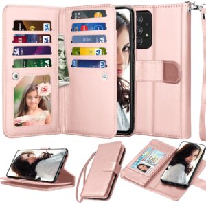 NJJEX Wallet Case for Samsung Galaxy A52S 5G / Galaxy A52 5G / Galaxy A52 Case [9 Card Slots] PU Leather Credit Card Holder Folio Flip [Detachable] Kickstand Magnetic Phone Cover & Lanyard [RoseGold]