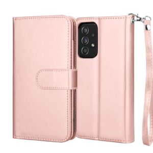 NJJEX Wallet Case for Samsung Galaxy A52S 5G / Galaxy A52 5G / Galaxy A52 Case [9 Card Slots] PU Leather Credit Card Holder Folio Flip [Detachable] Kickstand Magnetic Phone Cover & Lanyard [RoseGold]