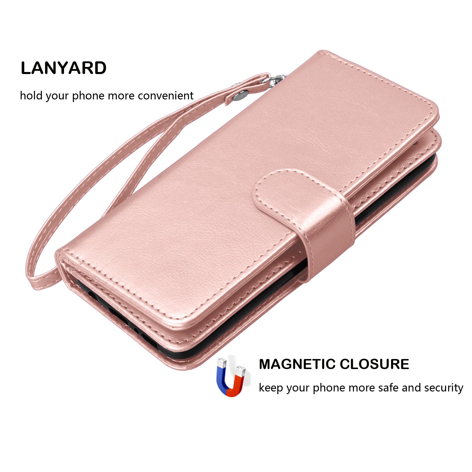 NJJEX Wallet Case for Samsung Galaxy A52S 5G / Galaxy A52 5G / Galaxy A52 Case [9 Card Slots] PU Leather Credit Card Holder Folio Flip [Detachable] Kickstand Magnetic Phone Cover & Lanyard [RoseGold]