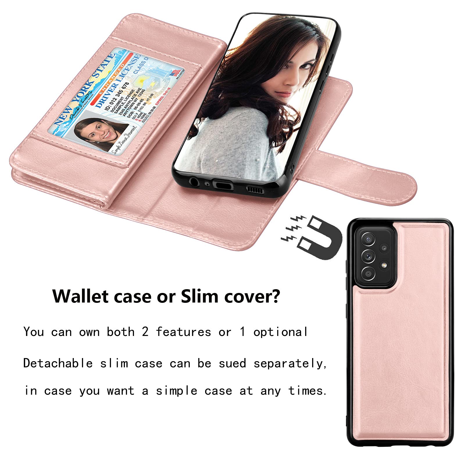 NJJEX Wallet Case for Samsung Galaxy A52S 5G / Galaxy A52 5G / Galaxy A52 Case [9 Card Slots] PU Leather Credit Card Holder Folio Flip [Detachable] Kickstand Magnetic Phone Cover & Lanyard [RoseGold]