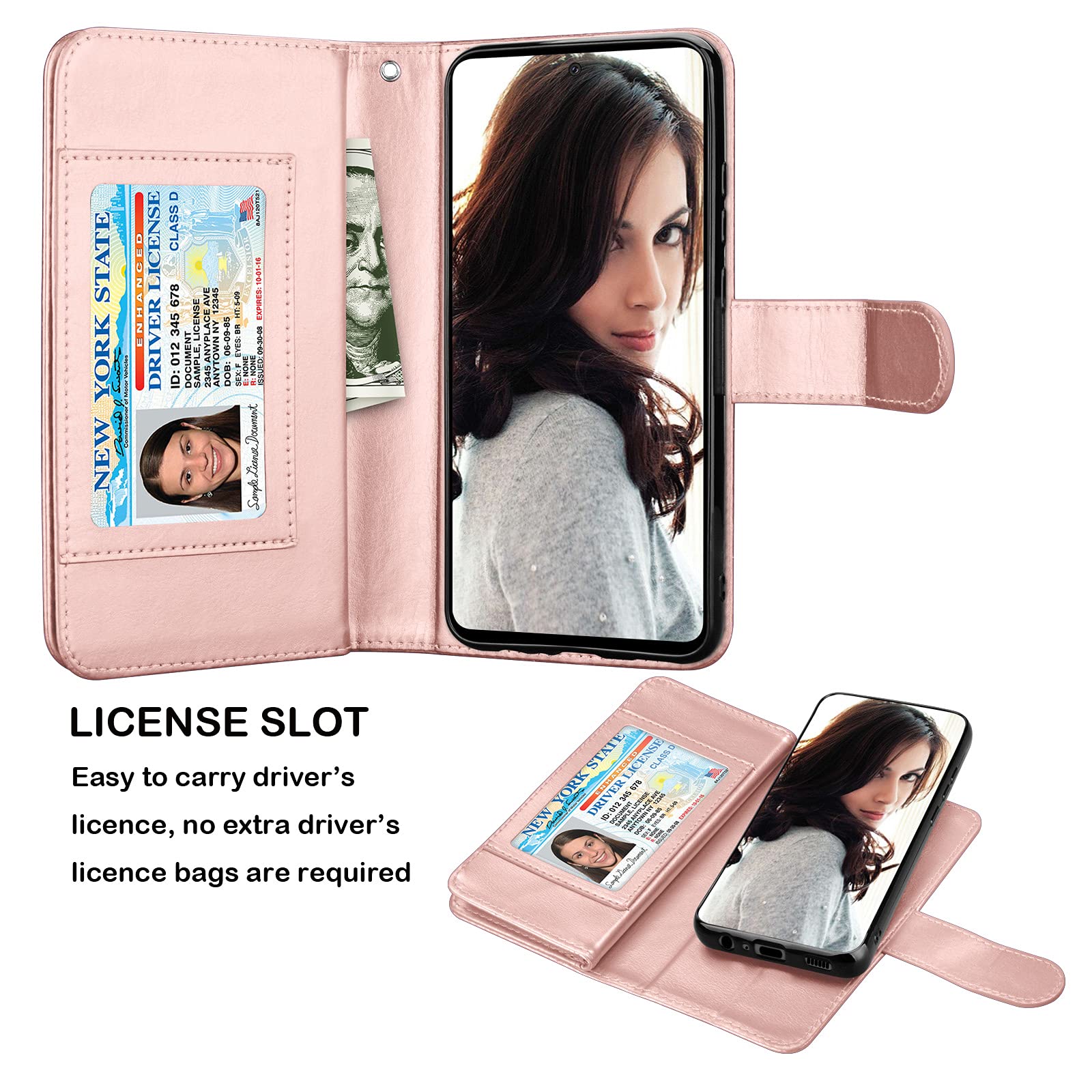 NJJEX Wallet Case for Samsung Galaxy A52S 5G / Galaxy A52 5G / Galaxy A52 Case [9 Card Slots] PU Leather Credit Card Holder Folio Flip [Detachable] Kickstand Magnetic Phone Cover & Lanyard [RoseGold]