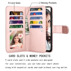 NJJEX Wallet Case for Samsung Galaxy A52S 5G / Galaxy A52 5G / Galaxy A52 Case [9 Card Slots] PU Leather Credit Card Holder Folio Flip [Detachable] Kickstand Magnetic Phone Cover & Lanyard [RoseGold]