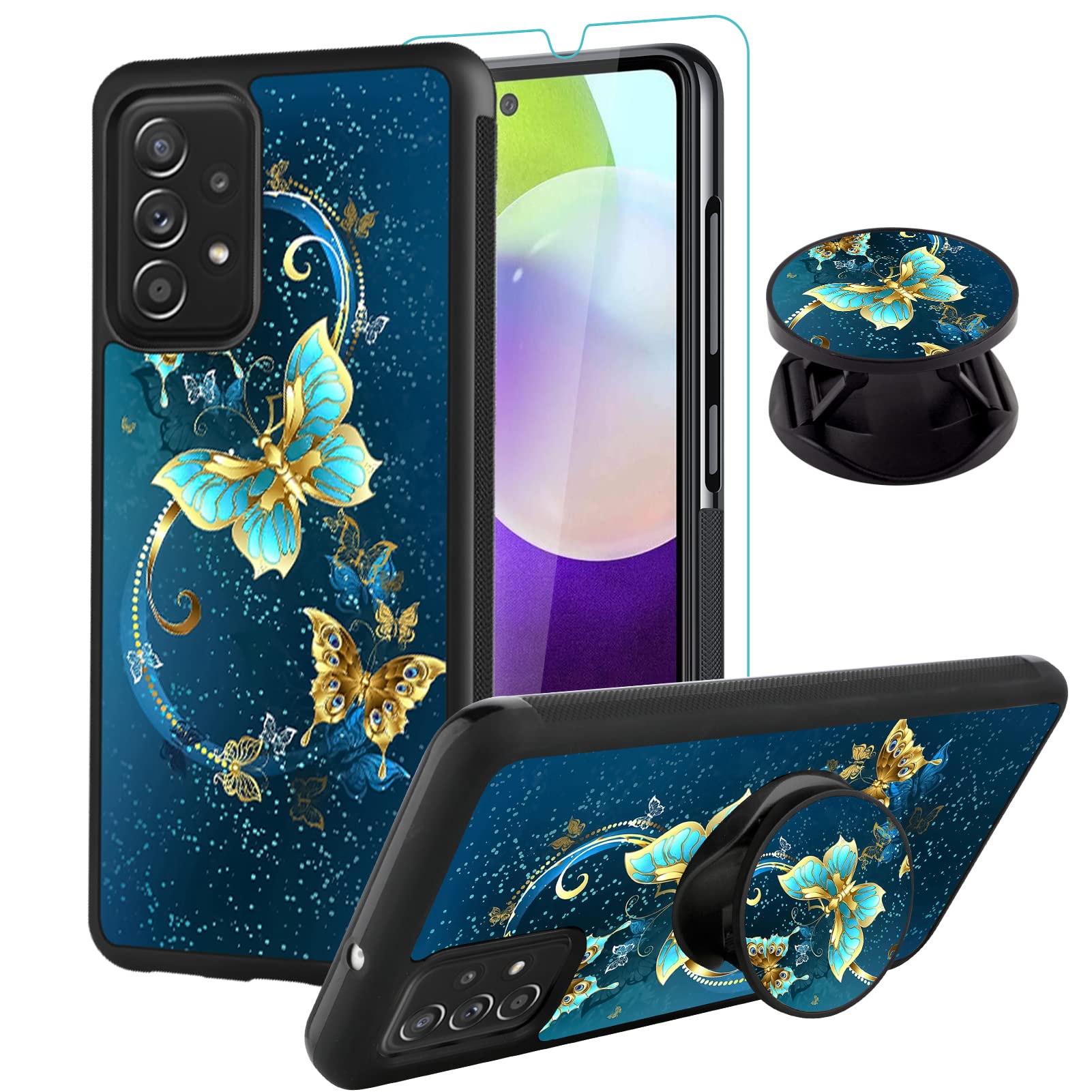 SAKUULO for Samsung Galaxy A52 5G Case, [Screen Protector + Kickstand] Blue Butterfly Design,Tire Texture Anti-Slip Shockproof Ultra Thin Protective Case for Galaxy A52 5G 6.5 Inch (2021)