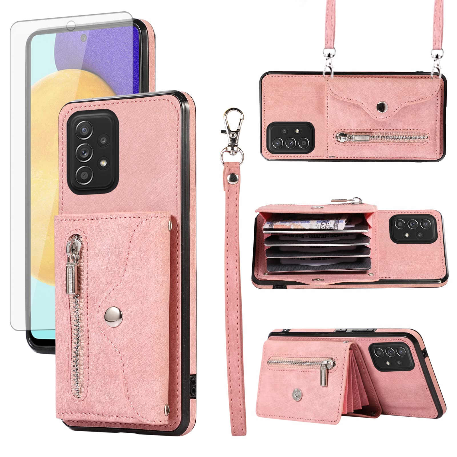 Phone Case for Samsung Galaxy A52/A52S 5G Wallet Cover with Tempered Glass Screen Protector Wrist Crossbody Strap Lanyard Credit Card Holder Stand Leather Cell A 52 S 4G G5 52A S52 52S Men Rose Gold