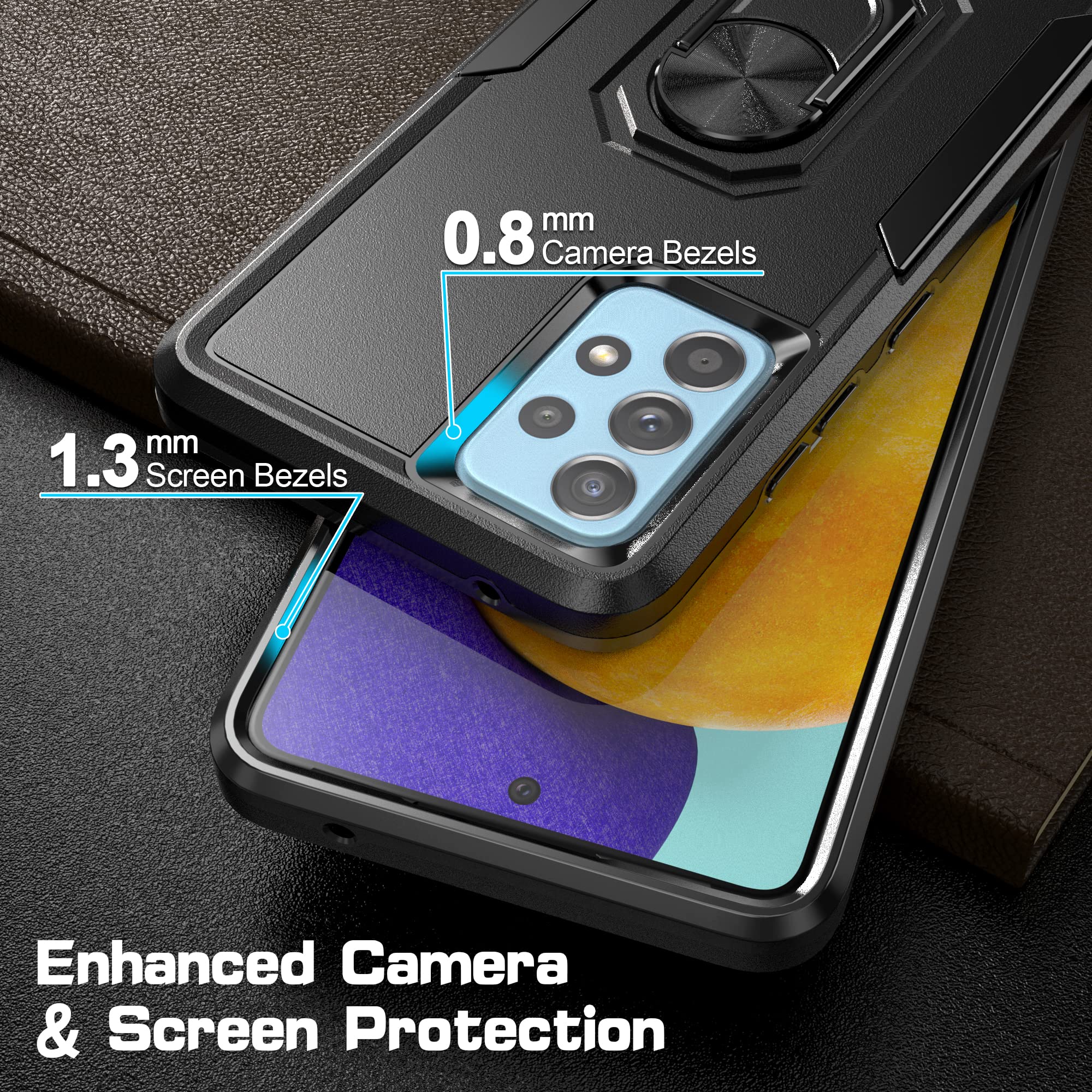 SUEJIA Galaxy A52 5G Case with Tempered Glass Screen Protector, Hybrid Slim Fit Durable Shockproof Protective Case Magnetic Ring Car Mount Kickstand for Samsung Galaxy A52 5G,Black