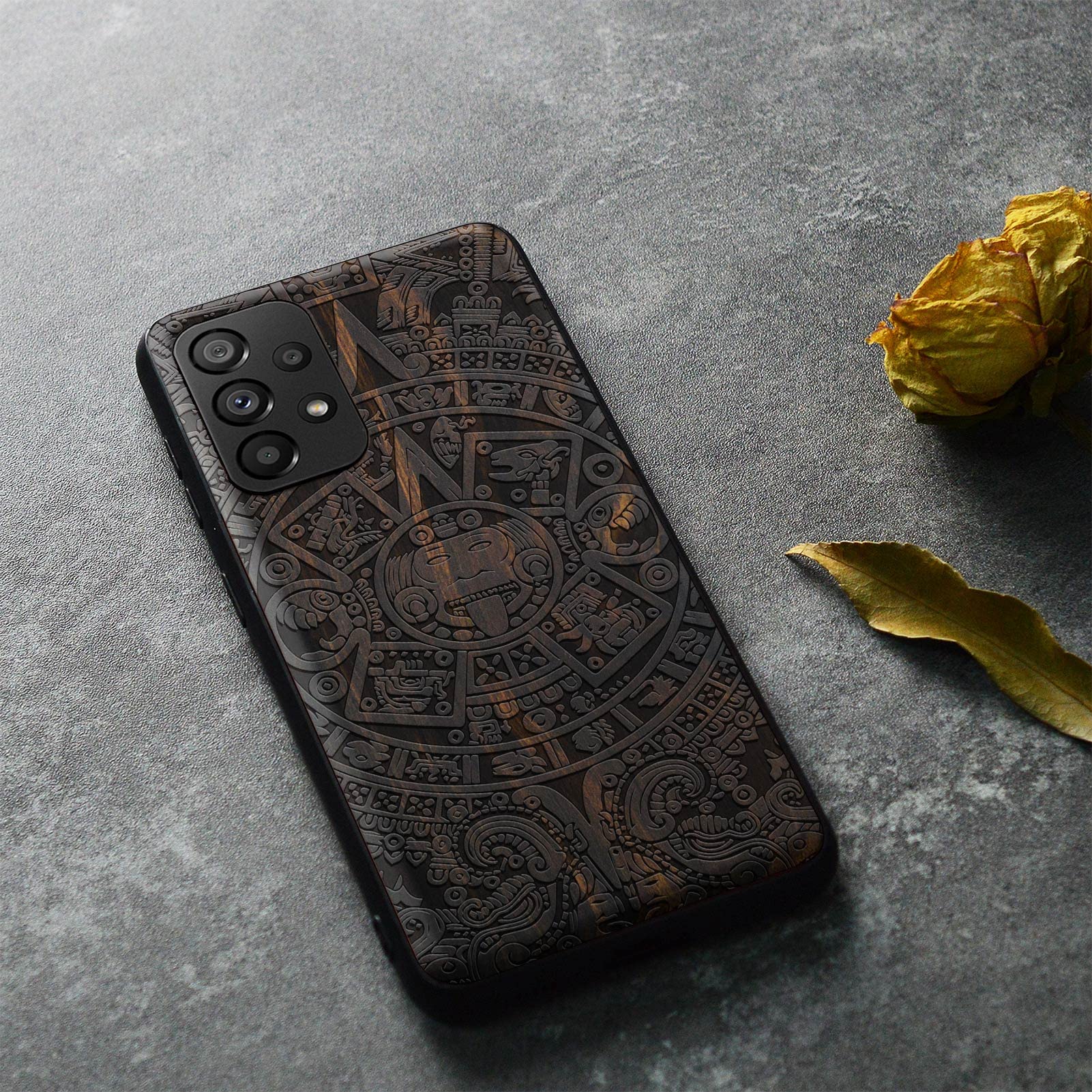 Carveit Wood Case for Samsung Galaxy A52 5G & 4G Case [Natural Wood & Black Soft TPU] Shockproof Protective Cover Unique Wooden Case Compatible with Galaxy A52s 5G Case (Mayan Symbols-Blackwood)