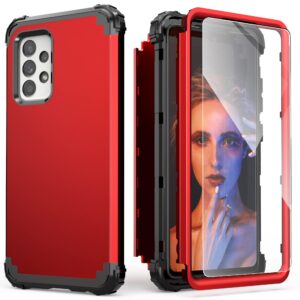 galaxy a52 5g case with tempered glass screen protector,idweel hybrid 3 in 1 shockproof heavy duty hard pc cover soft silicone rugged durable bumper full body cover for samsung galaxy a52,red