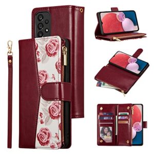 ueebai wallet case for samsung galaxy a13/a04s, pu leather magnetic closure handbag zipper pocket case kickstand card slots with wrist strap tpu flip cover for a13 5g/4g - flower wine red