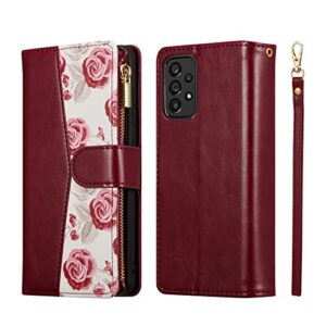 UEEBAI Wallet Case for Samsung Galaxy A13/A04s, PU Leather Magnetic Closure Handbag Zipper Pocket Case Kickstand Card Slots with Wrist Strap TPU Flip Cover for A13 5G/4G - Flower Wine Red