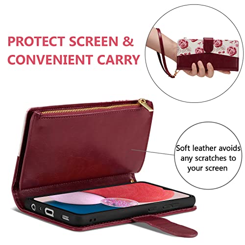 UEEBAI Wallet Case for Samsung Galaxy A13/A04s, PU Leather Magnetic Closure Handbag Zipper Pocket Case Kickstand Card Slots with Wrist Strap TPU Flip Cover for A13 5G/4G - Flower Wine Red