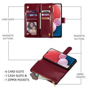 UEEBAI Wallet Case for Samsung Galaxy A13/A04s, PU Leather Magnetic Closure Handbag Zipper Pocket Case Kickstand Card Slots with Wrist Strap TPU Flip Cover for A13 5G/4G - Flower Wine Red