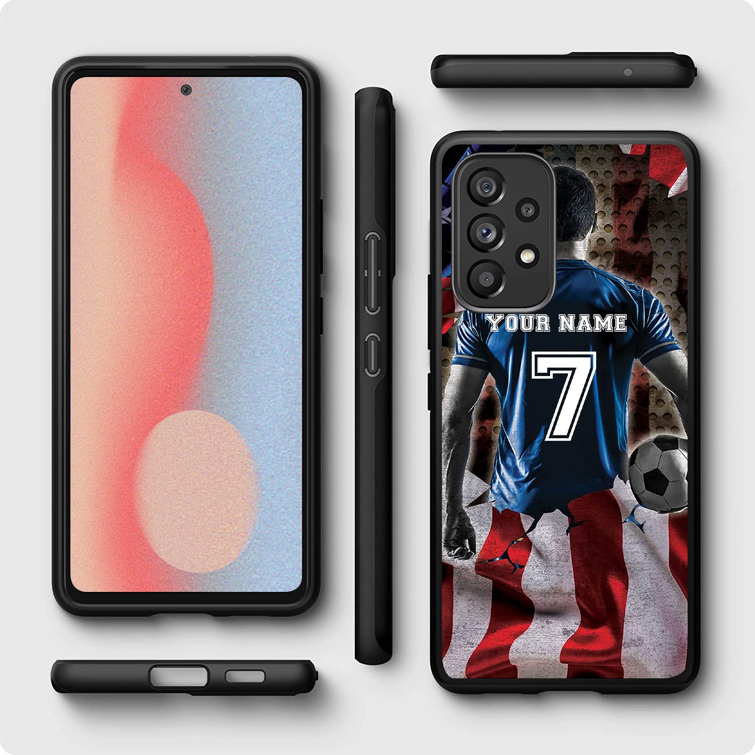 Personalized Soccer Football Player Name Number America Flag Design Rubber Cover Phone Case for Samsung Galaxy A15/A25/A14A53 5G/A03S/A02S/A10E/A12/A13/A32/A33/A42/A51/A52/A71 Custom Soccer Phone Case