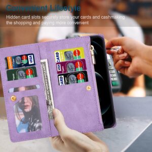 UEEBAI Wallet Case for Samsung Galaxy A53 5G, Retro 9 Card Holder Slots Zipper Pocket Handbag Case PU Leather Magnetic Closure Kickstand with Wrist Strap TPU Shockproof Flip Case - Diamond Purple