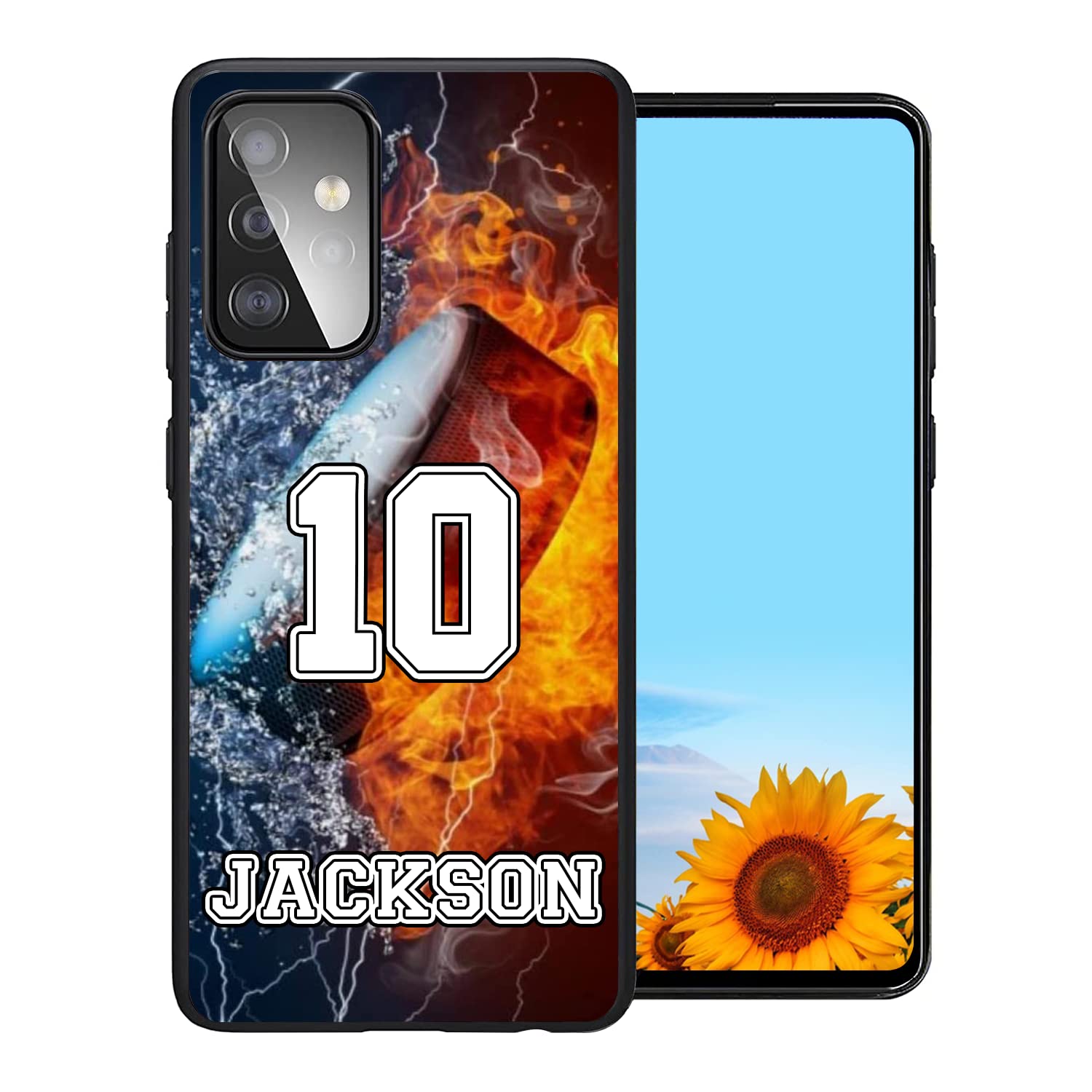 Custom Ice Hockey on Water Fire Design with Your Own Name and Number Rubber Cover Phone Case for Samsung Galaxy A15/A25/A14/A54/A53 5G/A03S/A02S/A10E/A12/A13/A32/A33/A42/A51/A52/A71