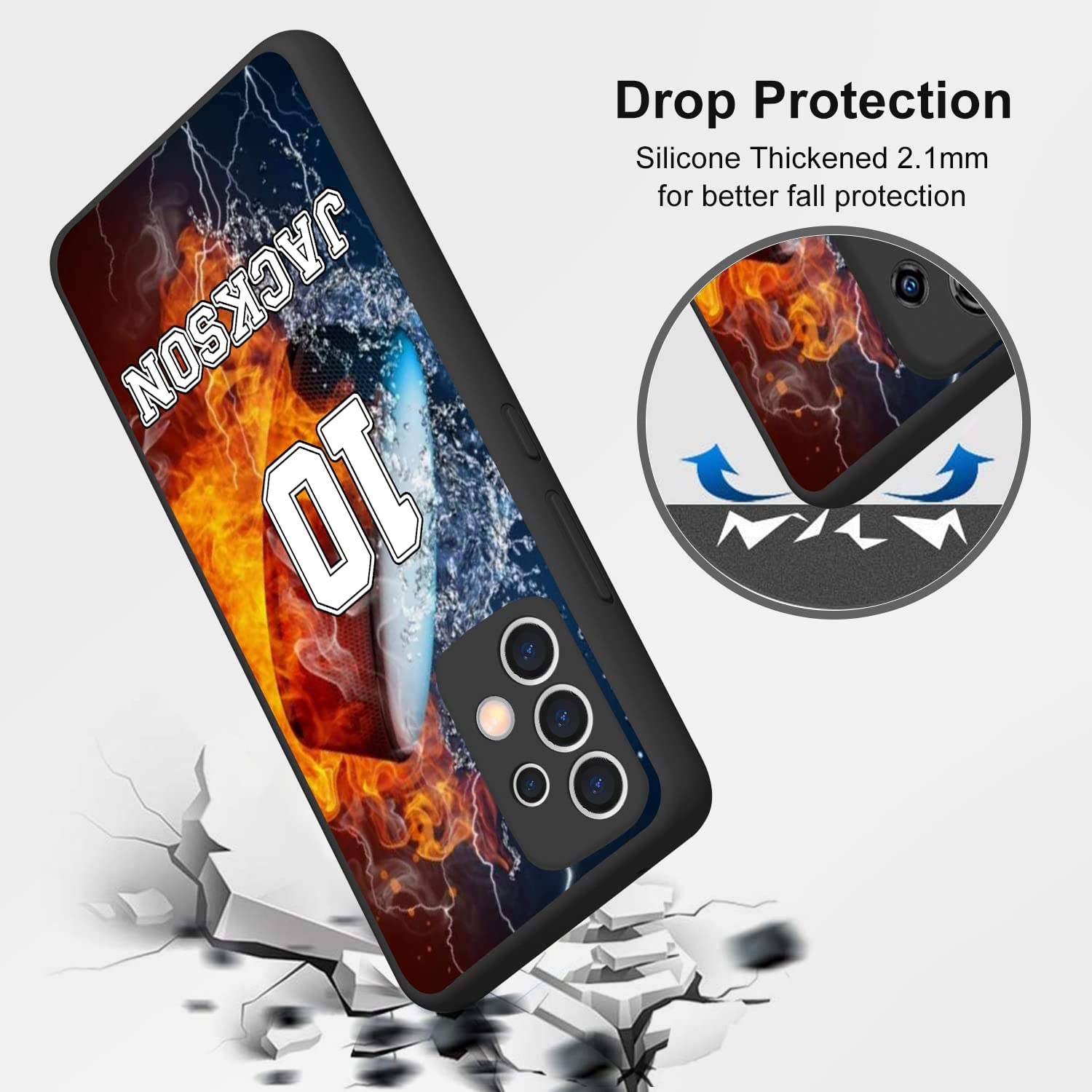 Custom Ice Hockey on Water Fire Design with Your Own Name and Number Rubber Cover Phone Case for Samsung Galaxy A15/A25/A14/A54/A53 5G/A03S/A02S/A10E/A12/A13/A32/A33/A42/A51/A52/A71