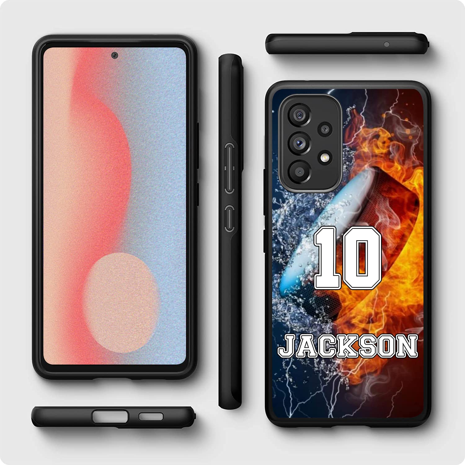 Custom Ice Hockey on Water Fire Design with Your Own Name and Number Rubber Cover Phone Case for Samsung Galaxy A15/A25/A14/A54/A53 5G/A03S/A02S/A10E/A12/A13/A32/A33/A42/A51/A52/A71