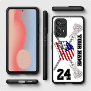 Personalized Lacrosse Helmet America Flag Design Name Number Rubber Cover Phone Case for Samsung Galaxy A15/A25/A14/A54/A53/A03S/A02S/A10E/A12/A13/A32/A33/A42/A51/A52/A71 Custom Lacrosse Phone Case