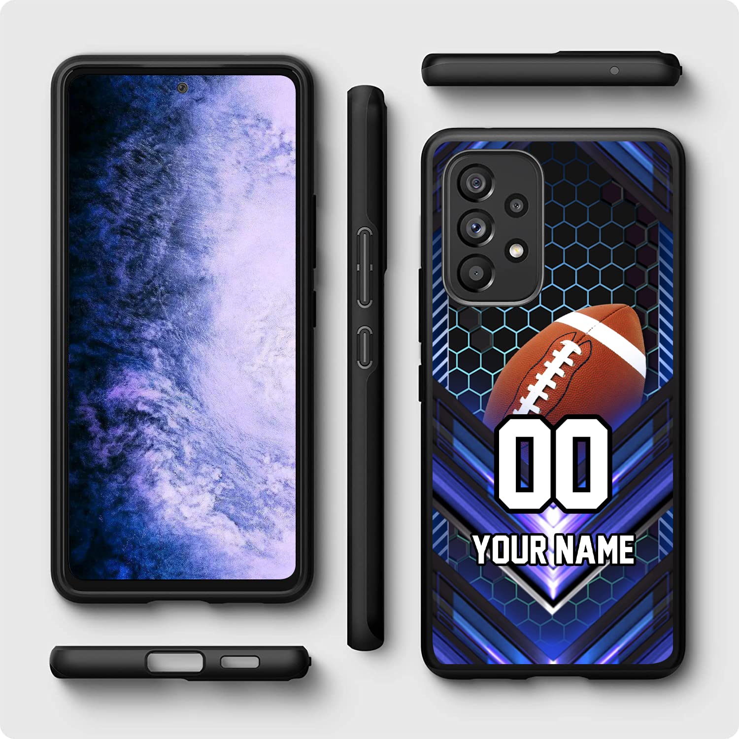 Personalized Football vs Name Number America Flag Decor Rubber Cover Phone Case for Samsung Galaxy A15/A25/A14/A5A53/A03S/A02S/A12/A13/A32/A42/A51/A52/A71 Custom Football Phone Case (Navy Neon lights)