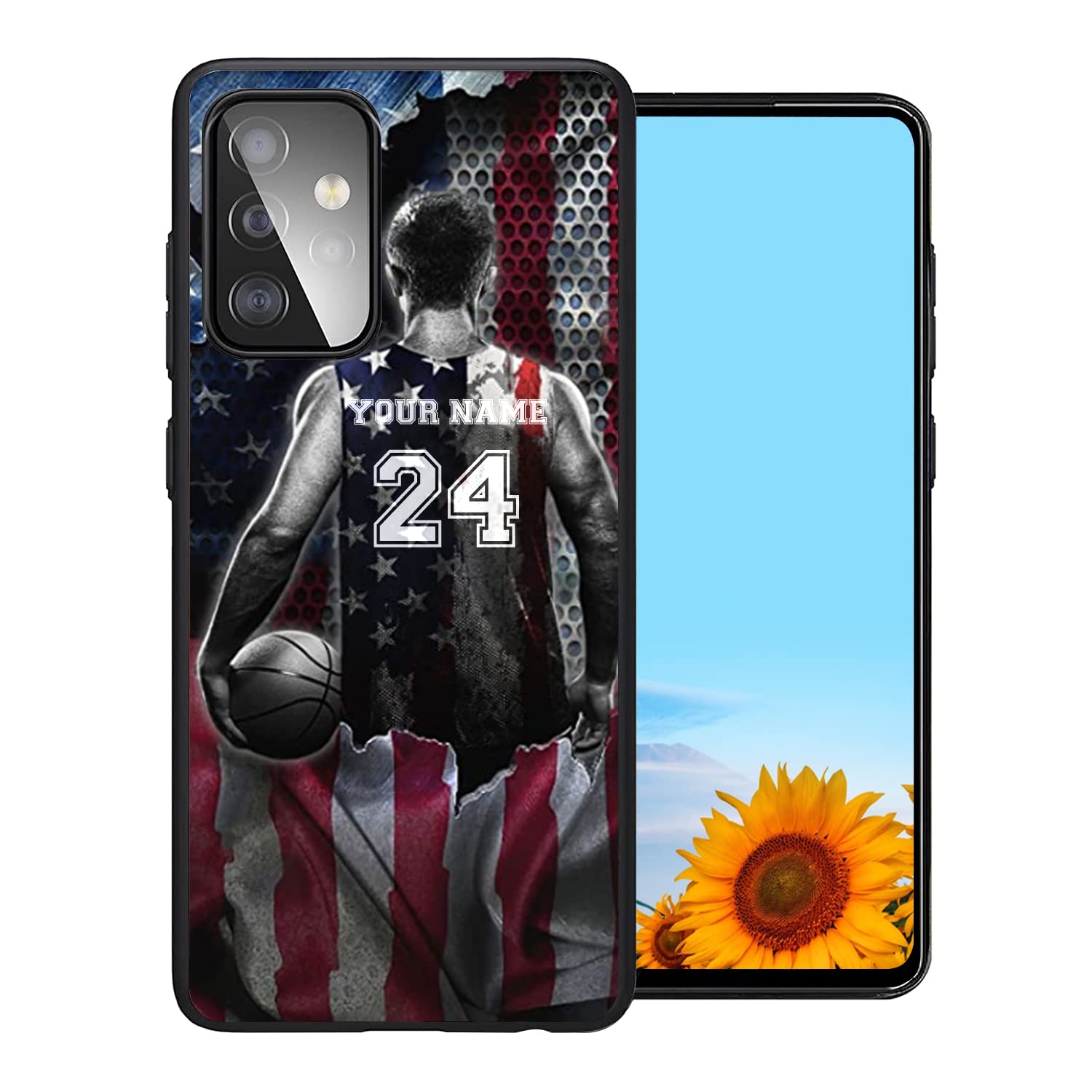 Personalized Basketball Player Name Number America Flag Design Rubber Cover Phone Case for Samsung Galaxy A15/A25/A14/A53 5G/A03S/A02S/A10E/A12/A13/A32/A33/A42/A51/A52/A71 Custom Basketball Phone Case