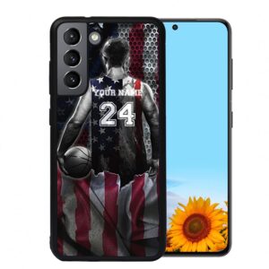 Personalized Basketball Player Name Number America Flag Design Rubber Cover Phone Case for Samsung Galaxy A15/A25/A14/A53 5G/A03S/A02S/A10E/A12/A13/A32/A33/A42/A51/A52/A71 Custom Basketball Phone Case