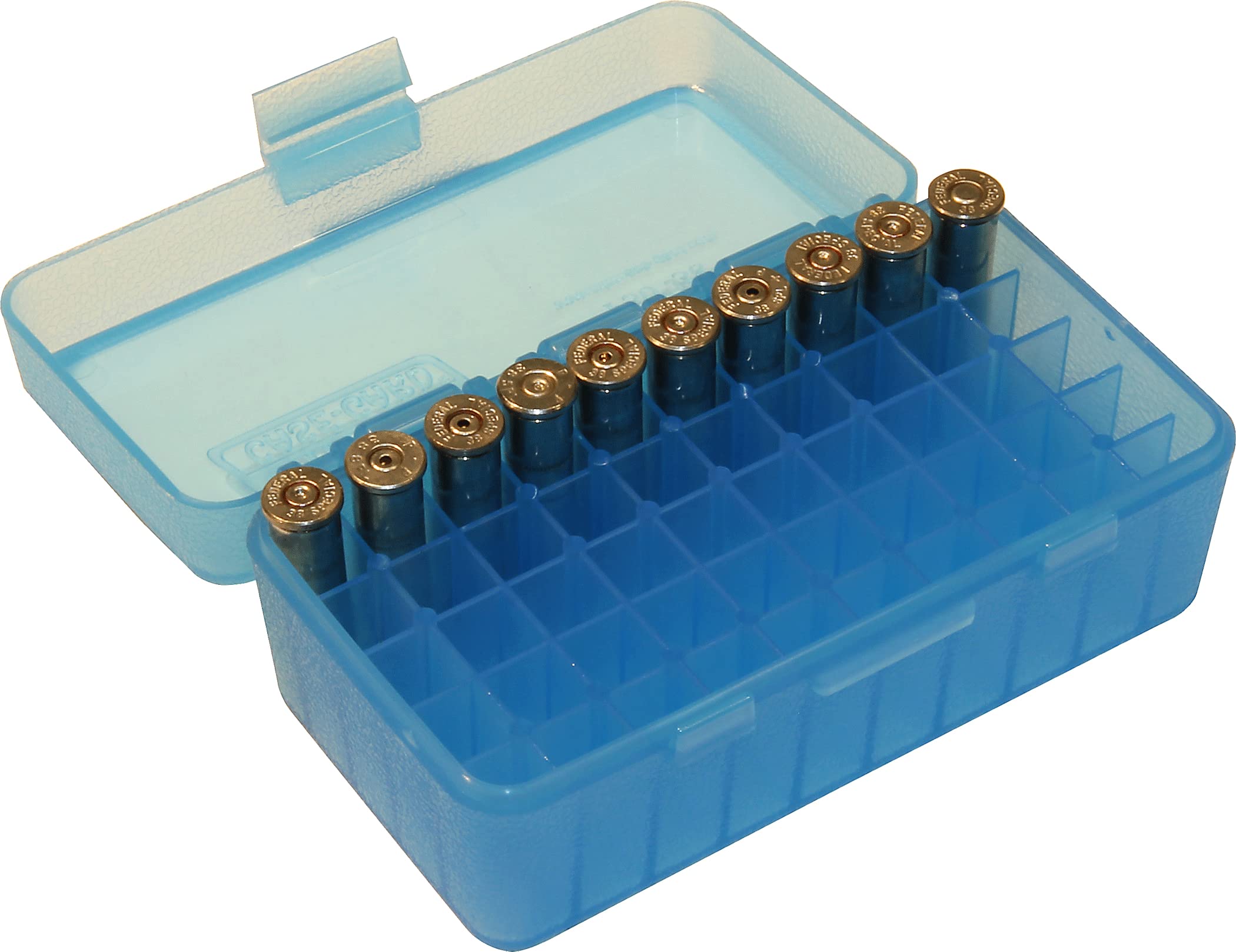 MTM 50 Round Flip-Top Ammo Box 38/357 Cal (Clear Blue)