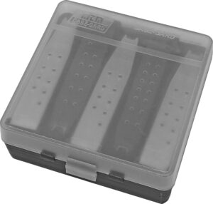 mtm pmc5 compact handgun magazine case, holds 5 double-stack magazines, usa made, clear smoke