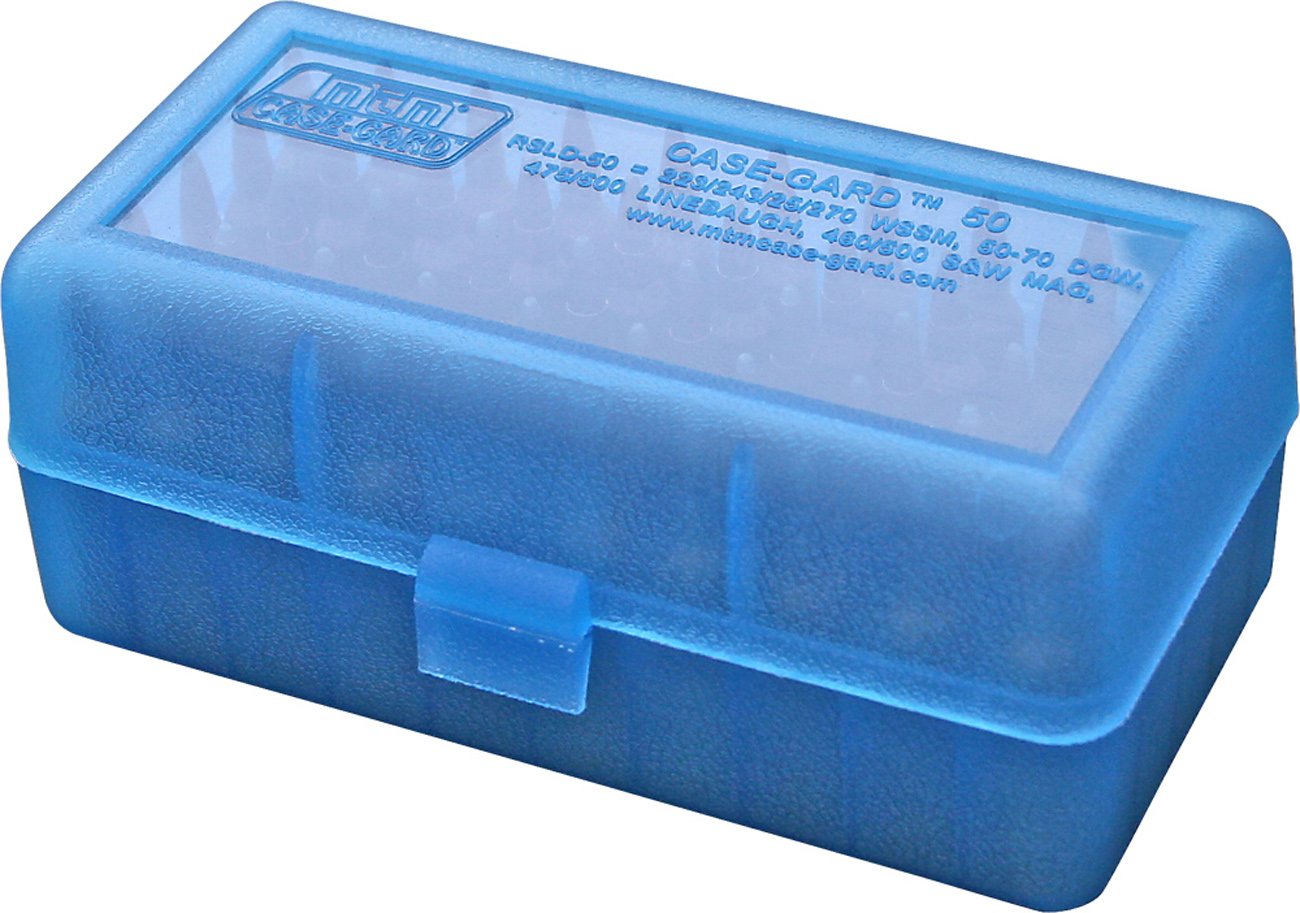 MTM 50 Round Flip-Top Rifle Ammo Box WSSM, 500 S&W (Clear Blue) , 2.46-Inch