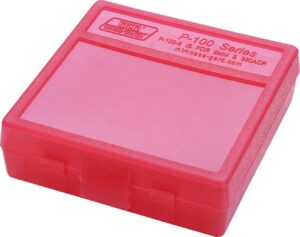 mtm plastic ammo box, clear red 100 round 9mm / 380 (5)