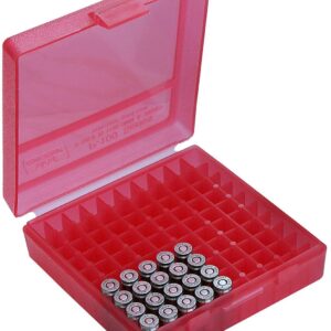 MTM Plastic Ammo Box, Clear RED 100 Round 9MM / 380 (5)