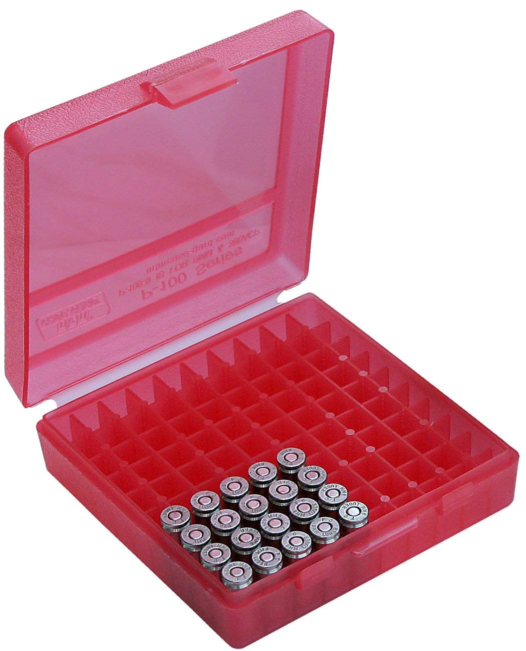 MTM Plastic Ammo Box, Clear RED 100 Round 9MM / 380 (5)