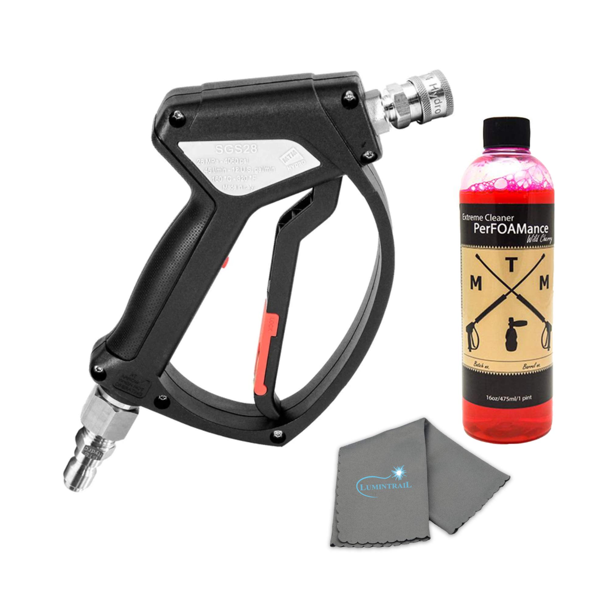 MTM Hydro SGS28 Spray Gun with Stainless QC Fittings Bundle with MTM Foam Soap and Cloth