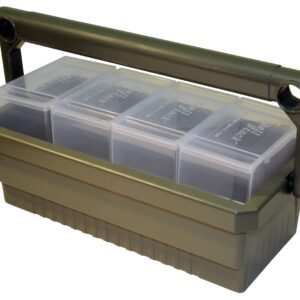 MTM SSC Shotshell Box Caddy with 4 Shell Stackers, Strong comfortable handle, USA Made, Army Green Caddy, Clear Boxes