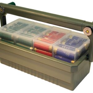 MTM SSC Shotshell Box Caddy with 4 Shell Stackers, Strong comfortable handle, USA Made, Army Green Caddy, Clear Boxes