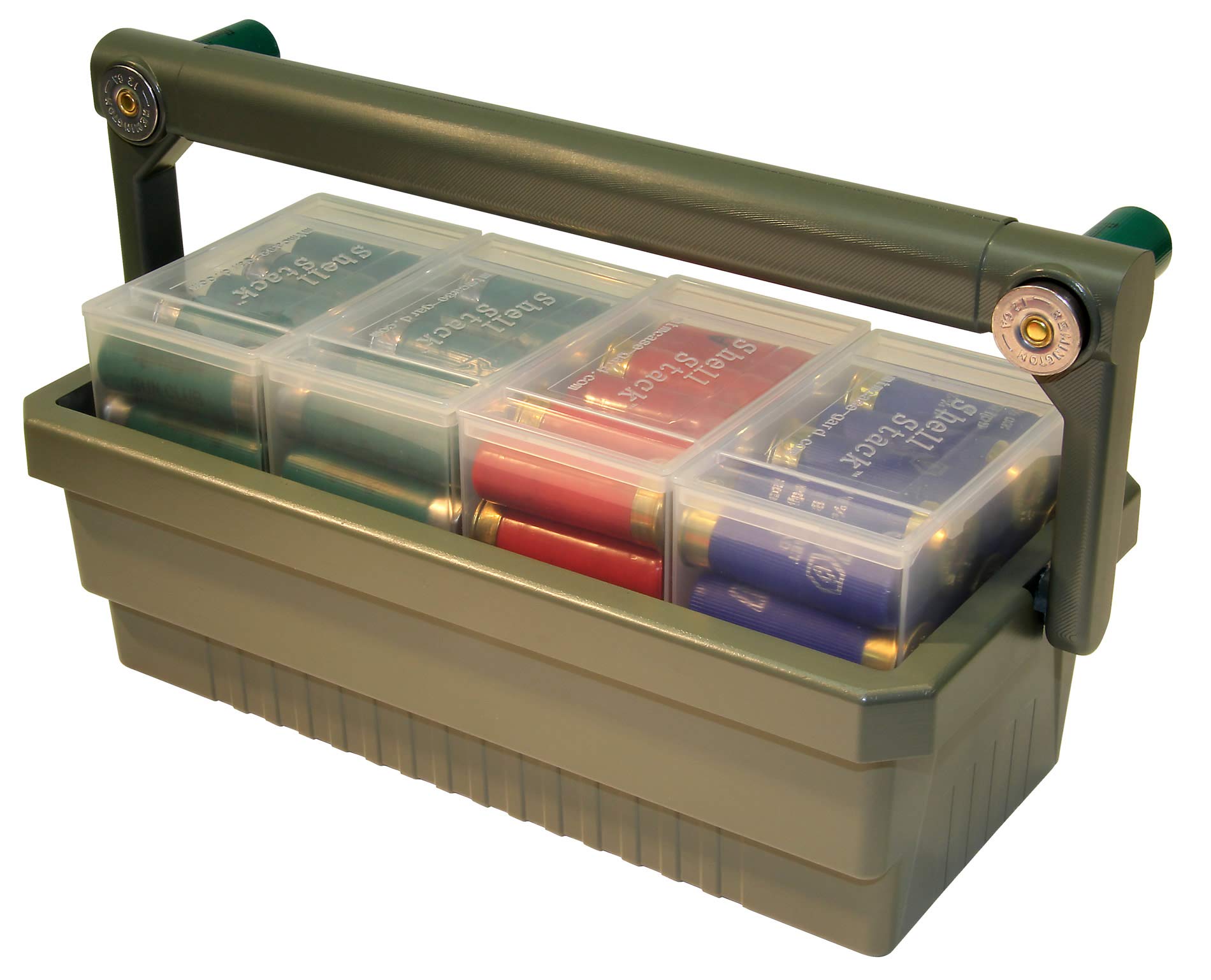 MTM SSC Shotshell Box Caddy with 4 Shell Stackers, Strong comfortable handle, USA Made, Army Green Caddy, Clear Boxes