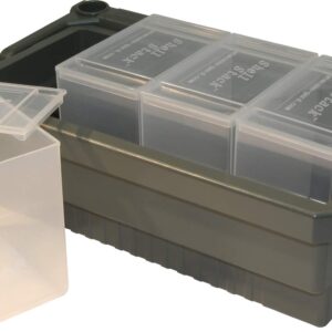 MTM SSC Shotshell Box Caddy with 4 Shell Stackers, Strong comfortable handle, USA Made, Army Green Caddy, Clear Boxes