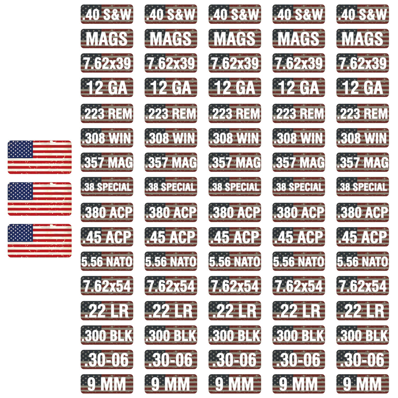 Aolamegs Ammo Can Vinyl Sticker Set Decal Label for Cans Cases Boxes .22 .223 .308 9MM .380 .45 5.56 7.62 12GA 300BLK (Choose Your Version）Black (80 Pack/16 Varieties (3 PCS USA FLAG STICKERS))