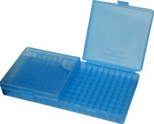 mtm case-gard p-200 series flip top handgun ammo box .45 acp/.40 s&w and similar rounds holds 200 rounds clear blue