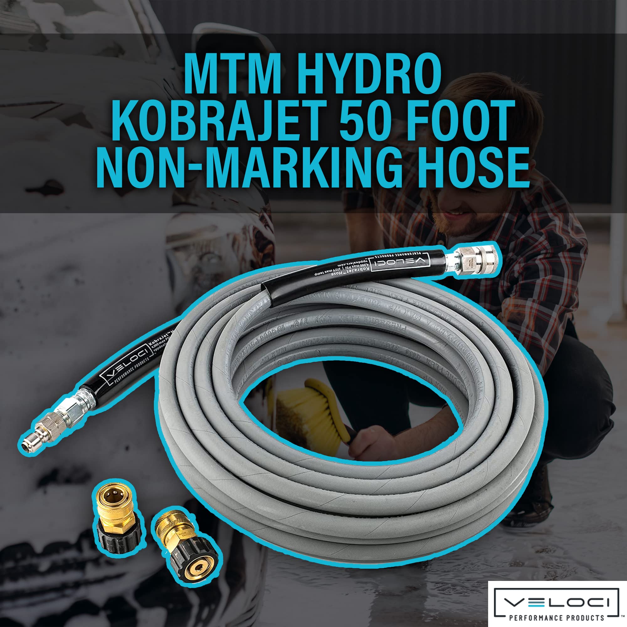 MTM Hydro Kobrajet High Pressure Washer Hose Kit 3/8” 4000 PSI 50’ for Car Wash and Detailing with M22 Couplings and Quick Connects, Pressure Washer Accessories, Non-Marking Gray