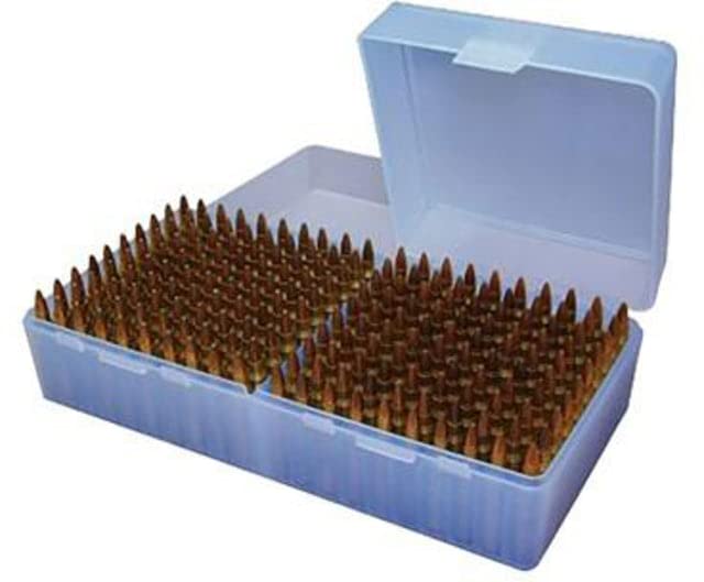 MTM Case-Gard P-200 Series Flip Top Small Rifle Ammo Box .204 Ruger/.223 rem/.300 AAC Blackout and Similar Rounds Holds 200 Rounds Clear Blue