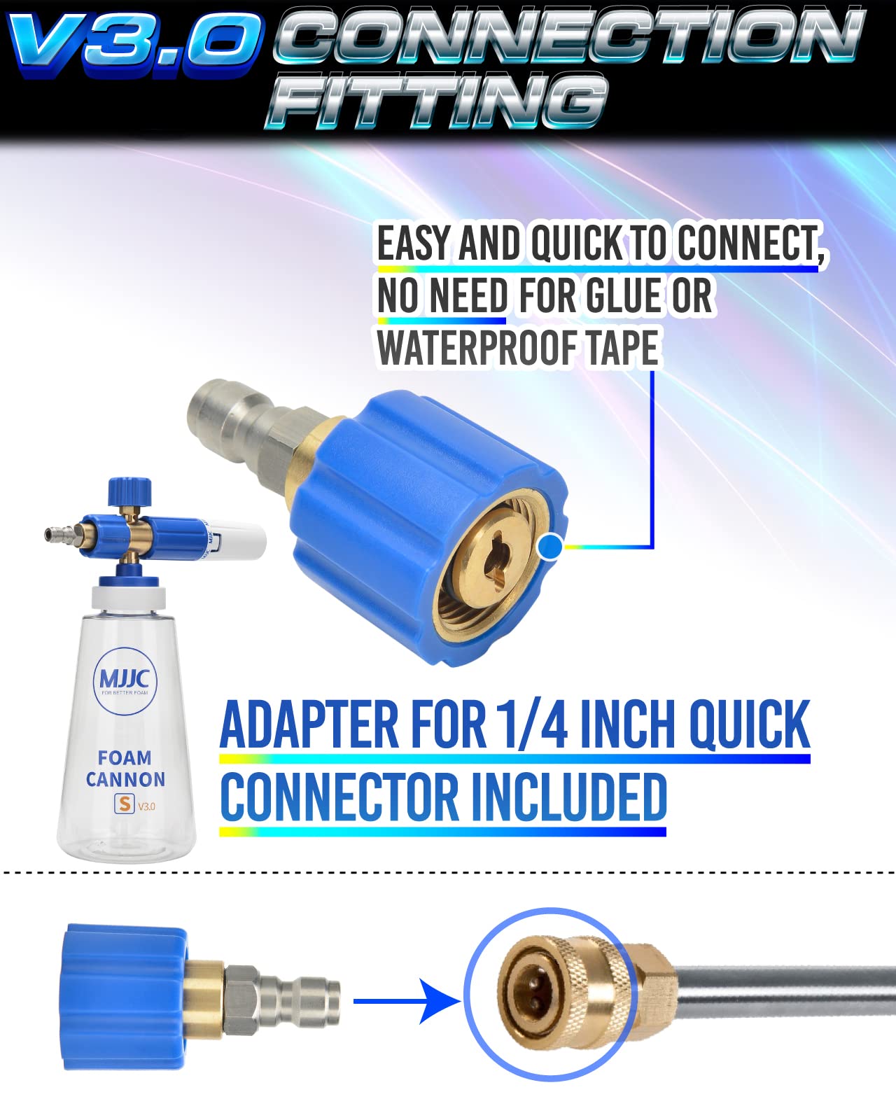 MJJC Foam Cannon S V3.0 (Thicker Snow Foam Technology) with 1/4 Inch Quick Connector for Pressure Washer, 34 oz Bottle