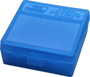 mtm plastic ammo box, clear blue 100 round 38/357 (2)