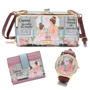 nicole lee 3 pieces accessories gift value set (wallet crossbody, small card case, diamond fashion watch) (double queens)