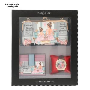 Nicole Lee 3 Pieces Accessories Gift Value Set (Wallet Crossbody, Small Card Case, Diamond Fashion Watch) (Double Queens)