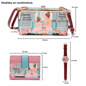 Nicole Lee 3 Pieces Accessories Gift Value Set (Wallet Crossbody, Small Card Case, Diamond Fashion Watch) (Double Queens)