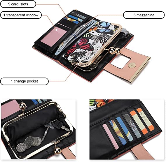 VNFIOEI Women Wallet Leather Large Capacity Women's Handbag Large Capacity Long Wallet, with 10-card slots and clips, and Zero Wallet with Buckle in the middle Butterfly.