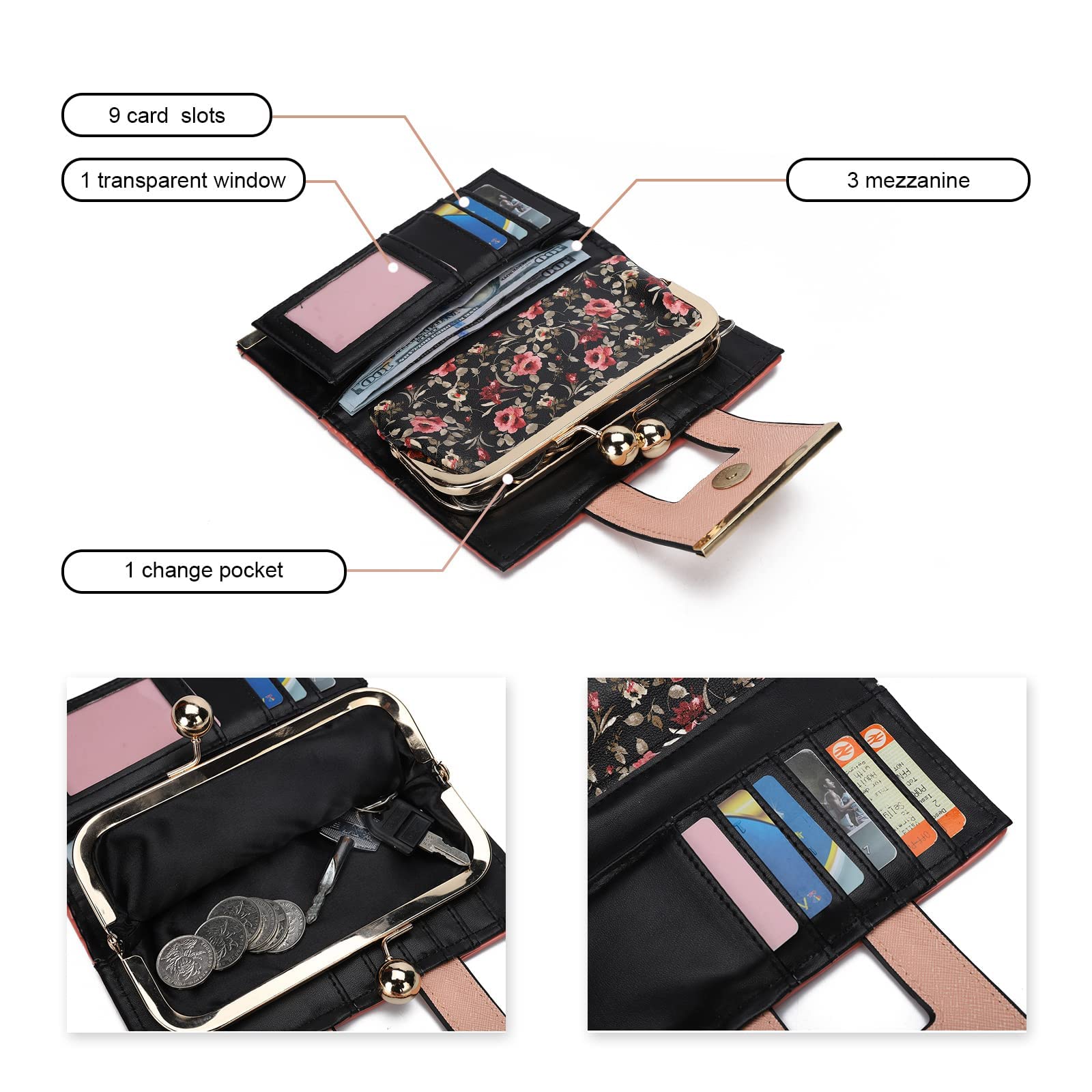 VNFIOEI Women Wallet Leather Large Capacity Women's Handbag Large Capacity Long Wallet, with 10-card slots and clips, and Zero Wallet with Buckle in the middle.