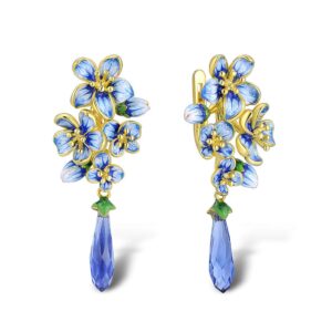 Santuzza 925 Sterling Silver Orchid Dangle Earrings Blue Glass Handmade Enamel Flower Drop Earrings for Women